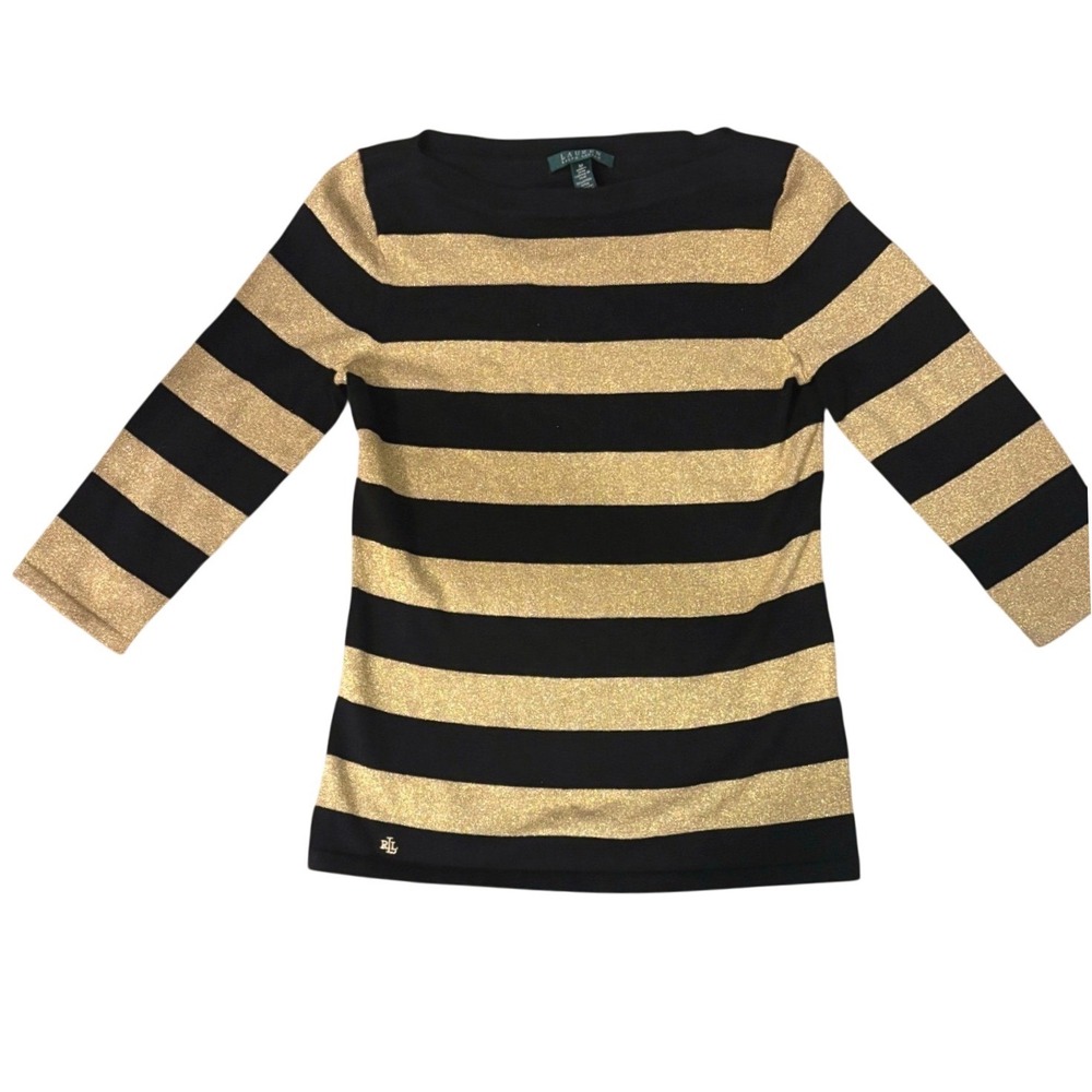 Lauren Ralph Lauren Womens Black Gold Metallic Striped Boat Neck Top Size Medium